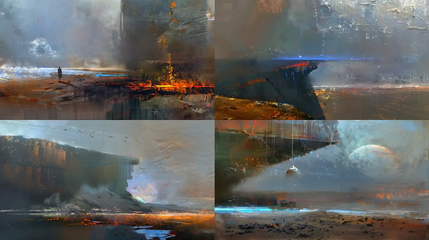 Abstract Dystopian Vistas: A Synthesis of Bleakness and Radiance - Midjourney sref style