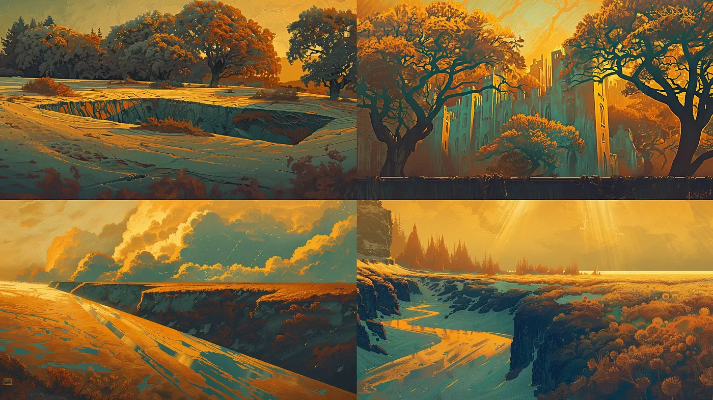 Warm-toned Pastoral Landscapes with a Stylized Painterly Aesthetic - Midjourney sref style