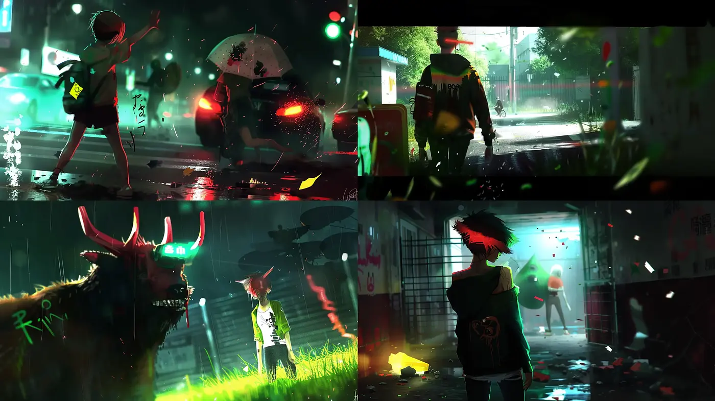 Neon-Noir Rainy Metropolis: Vivid and Surreal - Midjourney sref style