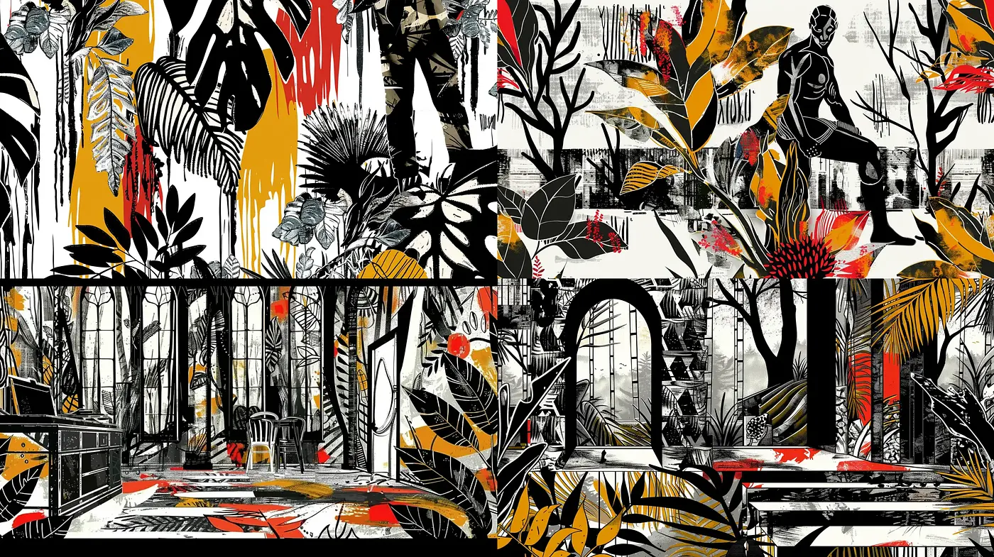 Abstract Tropical Noir: A Bold Synthesis of Color and Contrast - Midjourney sref style