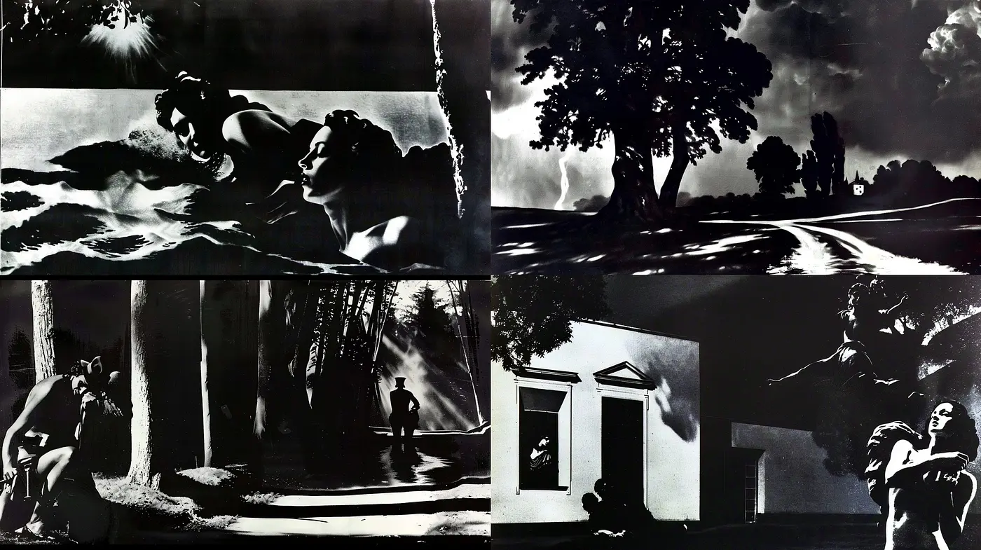 Nocturnal Monochromatic Visions: A Consistent Affair with Chiaroscuro and Surrealism - Midjourney sref style