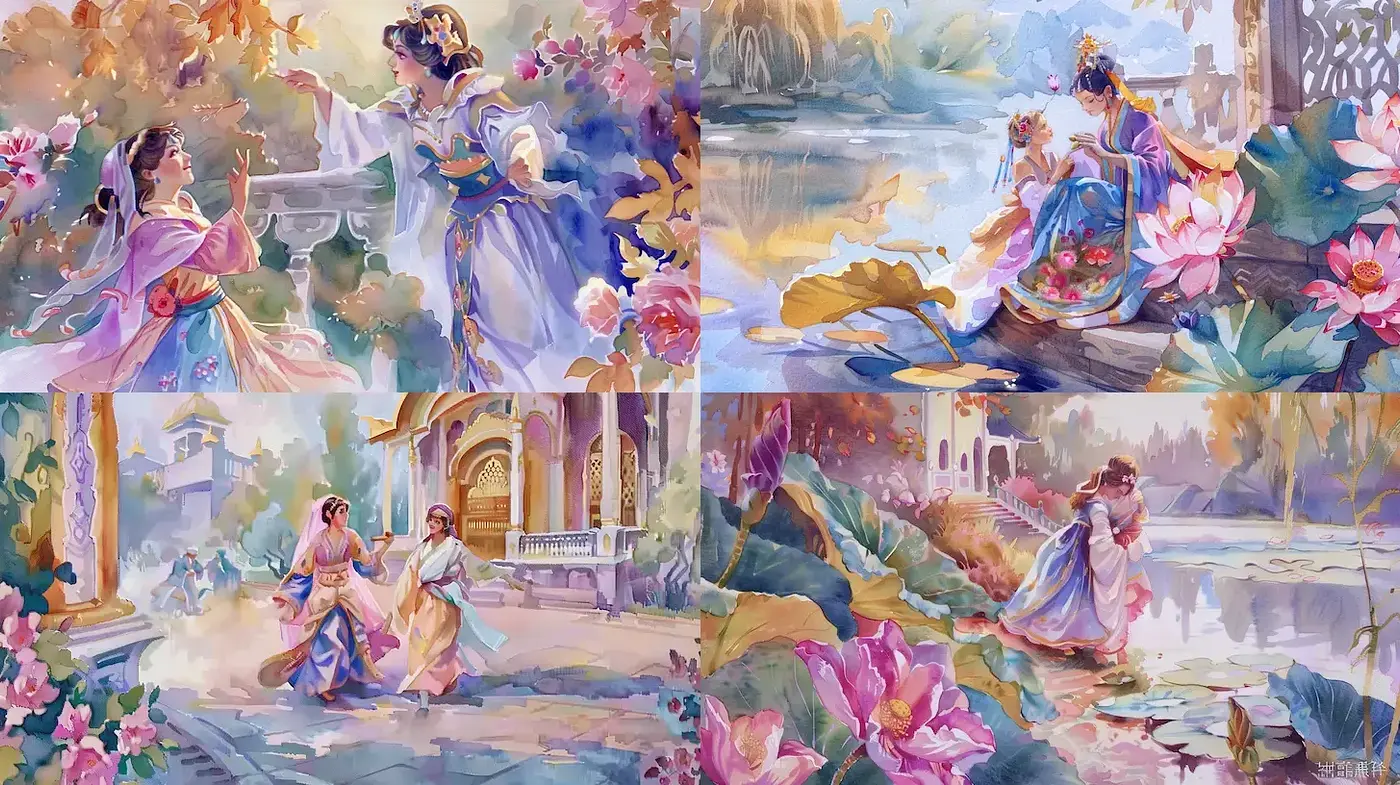 Delicate watercolor illustrations featuring harmonious interactions within lush landscapes - Midjourney sref style