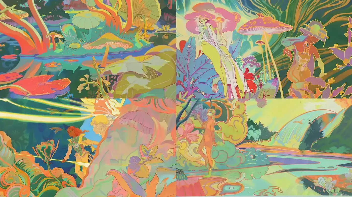 Vibrant and whimsical illustrations inspired by nature and fantasy - Midjourney sref style