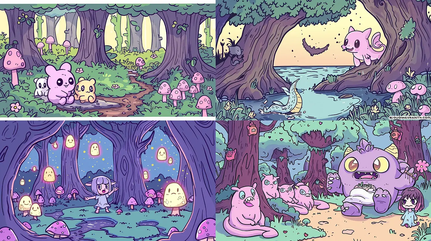 Whimsical Fauna in Enchanted Forests: A Pastel Storybook Journey - Midjourney sref style