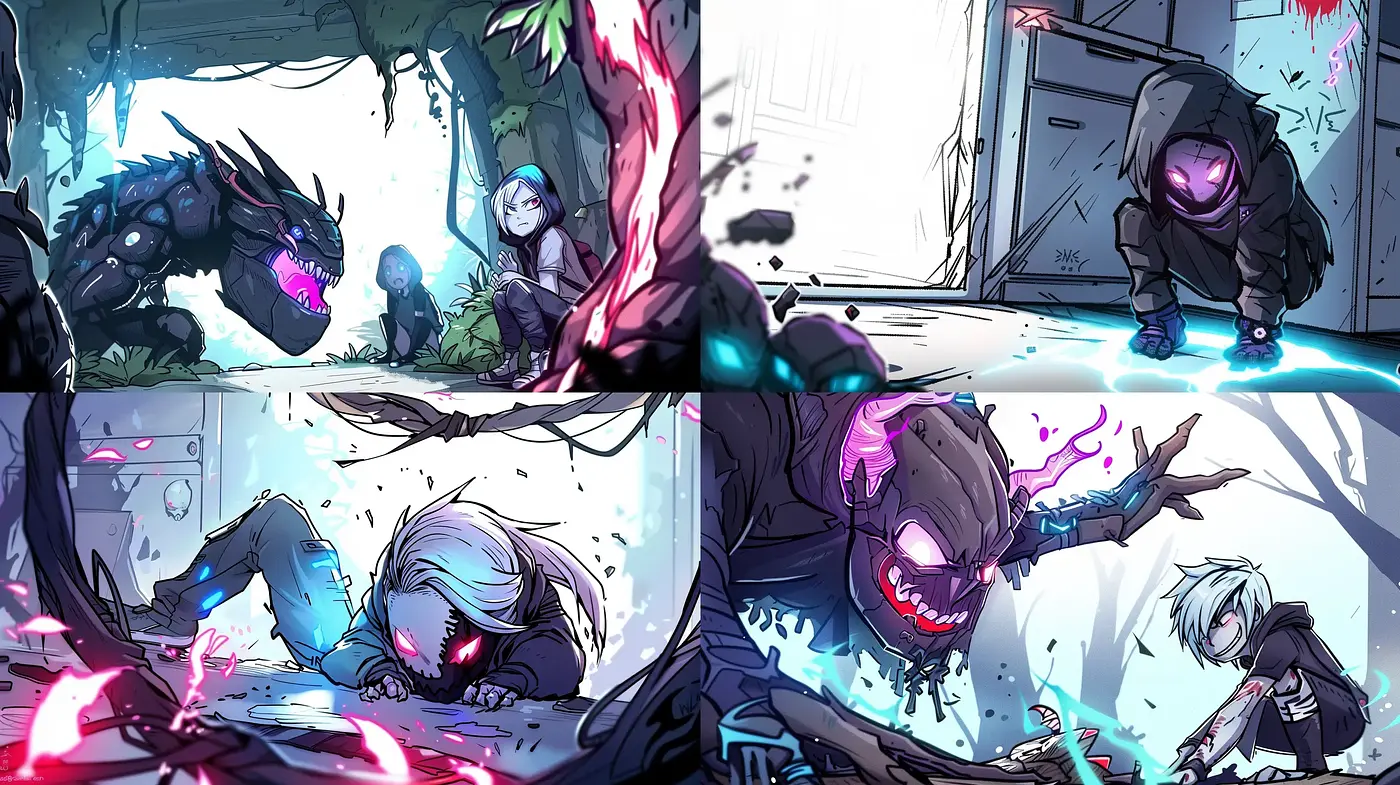 Dynamic Contrast in Vividly Hued Digital Manga Art - Midjourney sref style
