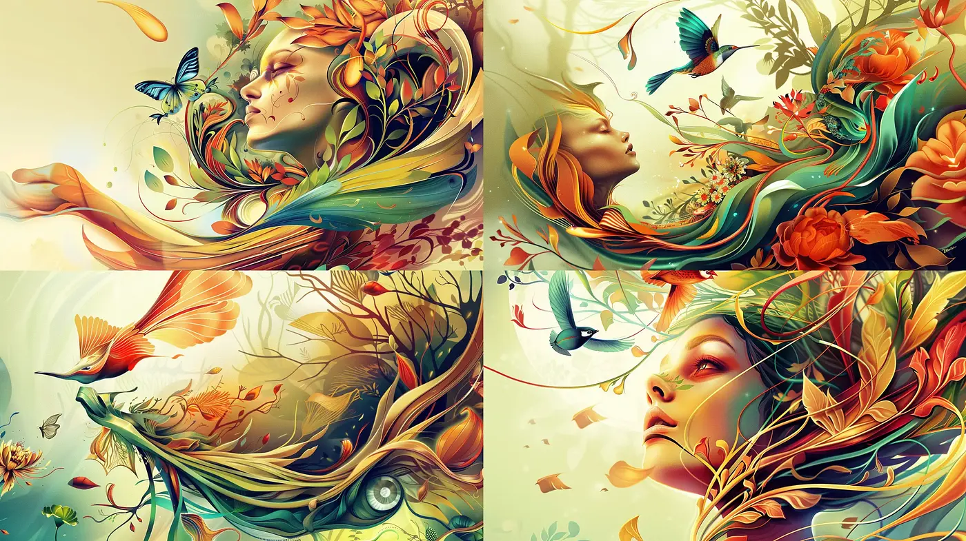 Ethereal Nature-Inspired Dreamscapes with Vivid Florals and Surrealist Overtones - Midjourney sref style