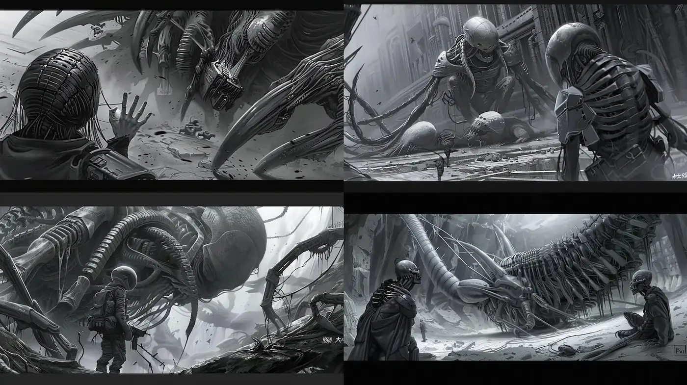 Dark and Atmospheric Sci-Fi Art with Intricate Mechanical Designs - Midjourney sref style