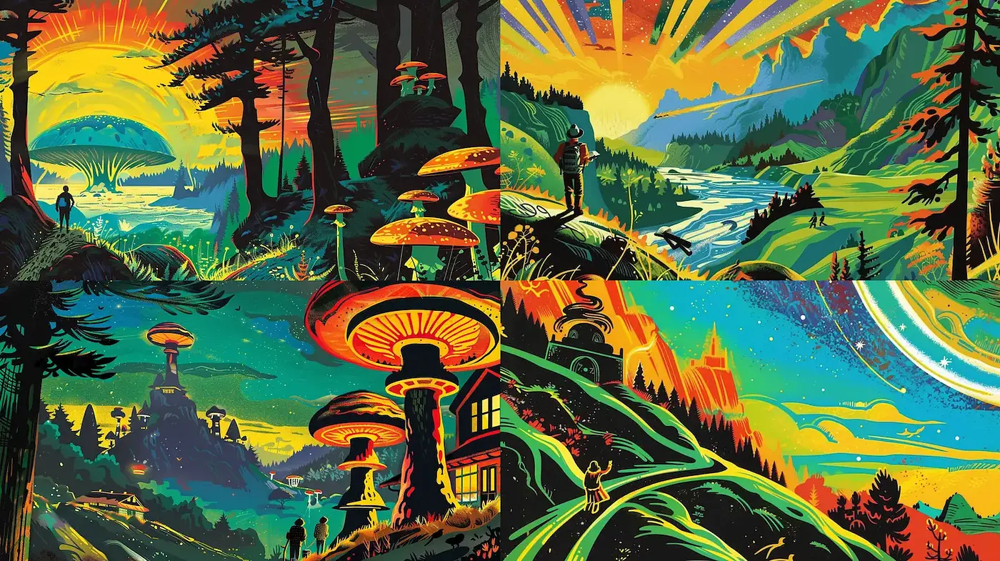 Vibrant Surreal Landscapes with a Retro Futurism Influence - Midjourney sref style