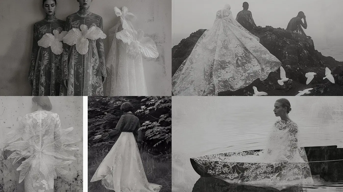 Ethereal Monochrome Textured Elegance: A Study in Lace and Light - Midjourney sref style
