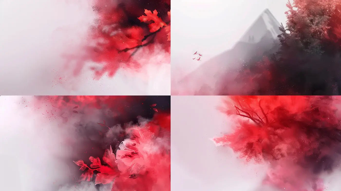 Whimsical Crimson Brushstrokes Amidst Ethereal Mists - Midjourney sref style