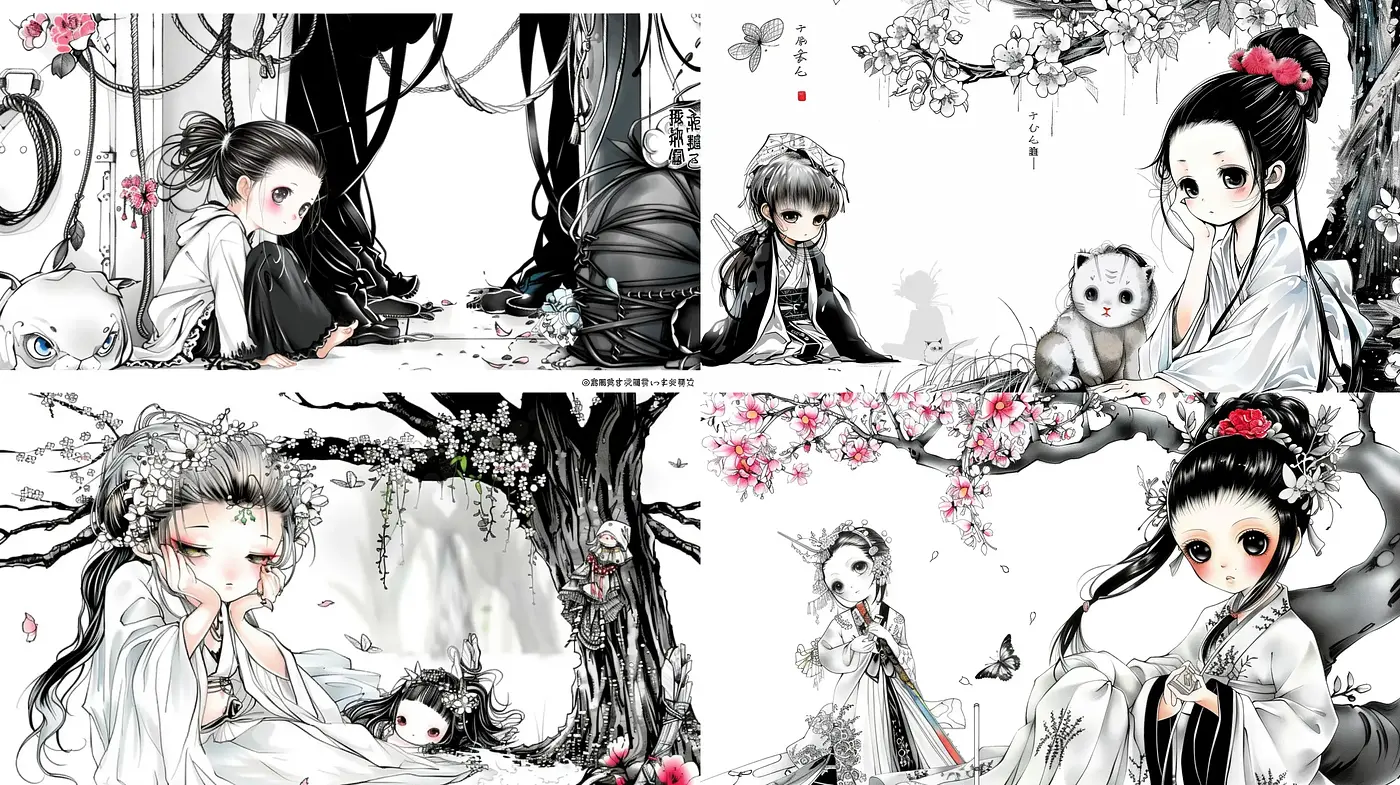Ethereal Ink Wash Elegance with Manga Charm - Midjourney sref style