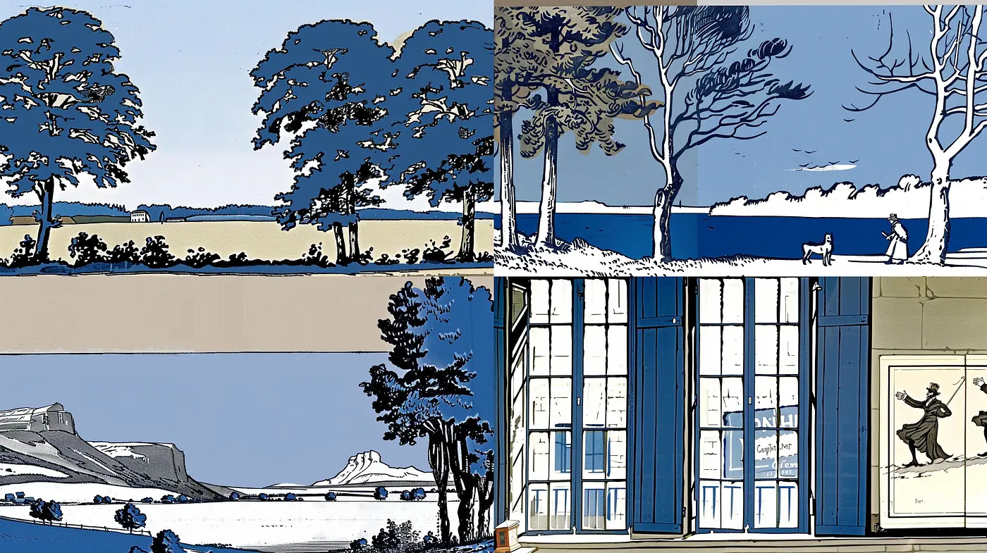 Consistent Vintage Graphic Novel Style with Muted Blue Dominance in Diverse Scenes - Midjourney sref style