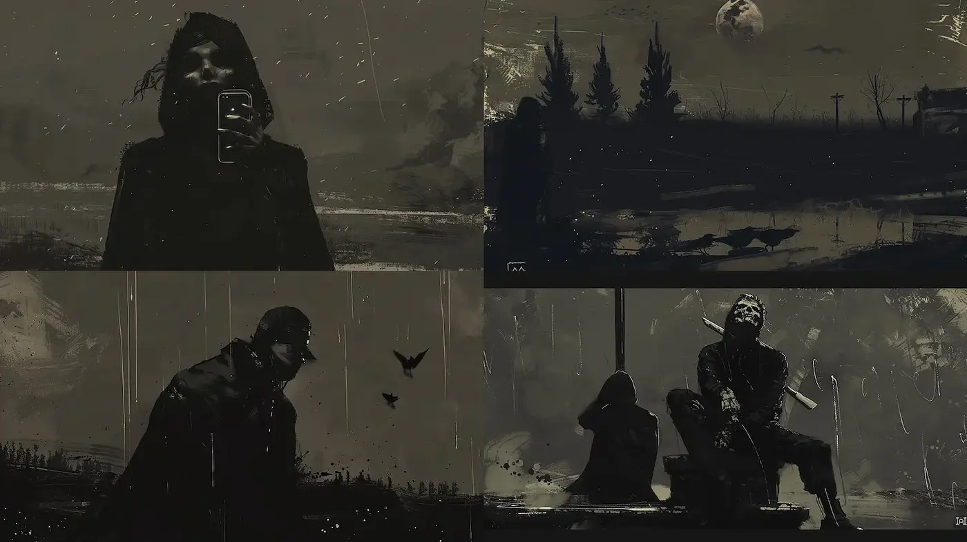 Dramatic and Gritty Noir Aesthetic with Expressionist Undertones - Midjourney sref style
