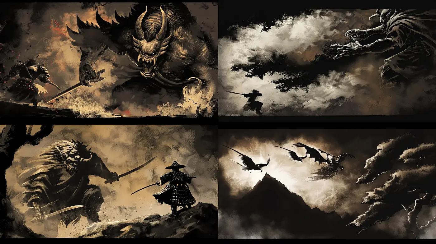 Epic Shadows and Tones of Mythical Combat - Midjourney sref style