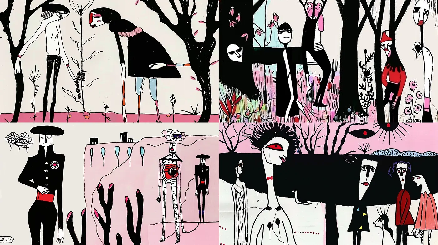 Whimsical Monochrome with Red Accents: A Study in Abstract Minimalism and Figurative Expression - Midjourney sref style