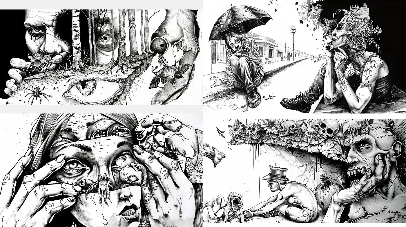 Monochromatic Surrealist Detail in Hyper-Realistic Vignettes - Midjourney sref style