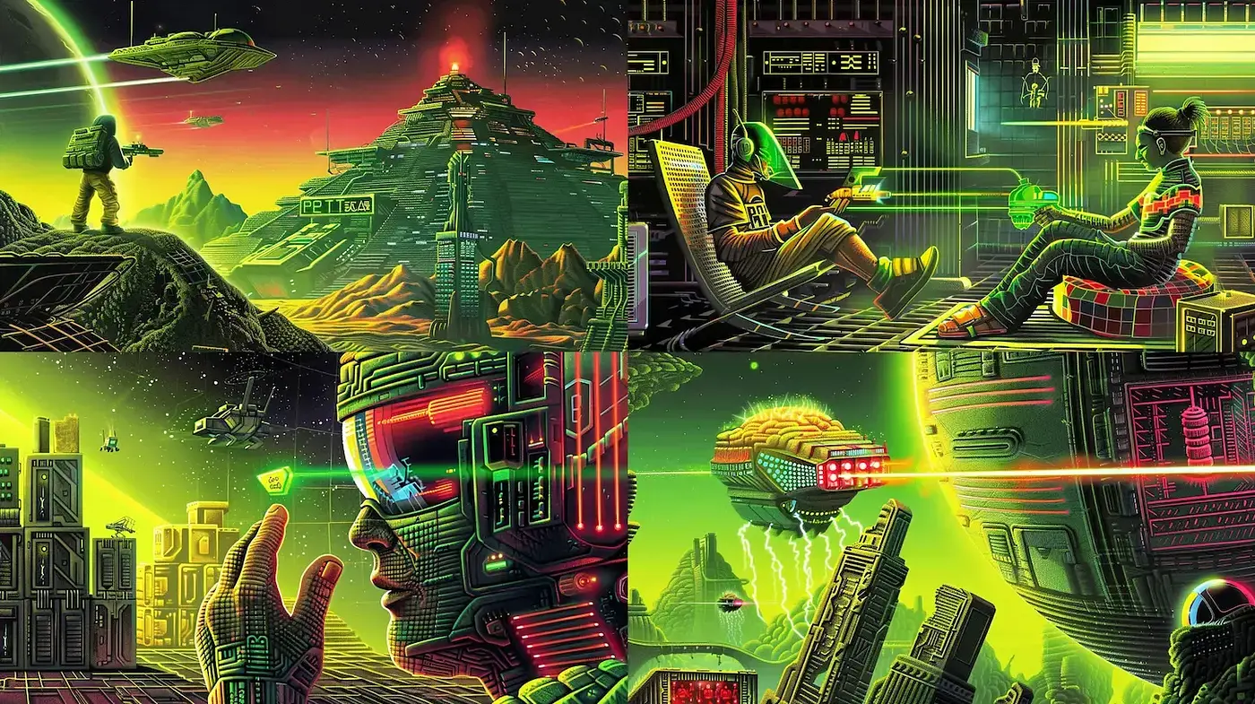 Futuristic Neon Sci-Fi Art with Retro Elements - Midjourney sref style