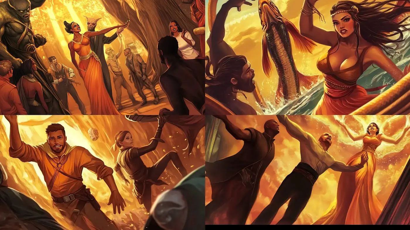 Sunset Hues and Dramatic Flares in Mythical Illustrations - Midjourney sref style