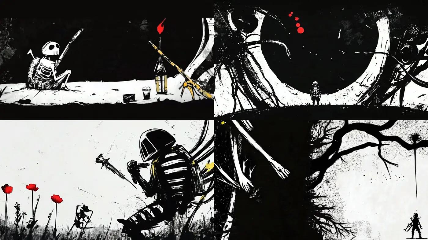 Darkly Whimsical Art with a Monochromatic Palette Infused with Bright Accents - Midjourney sref style
