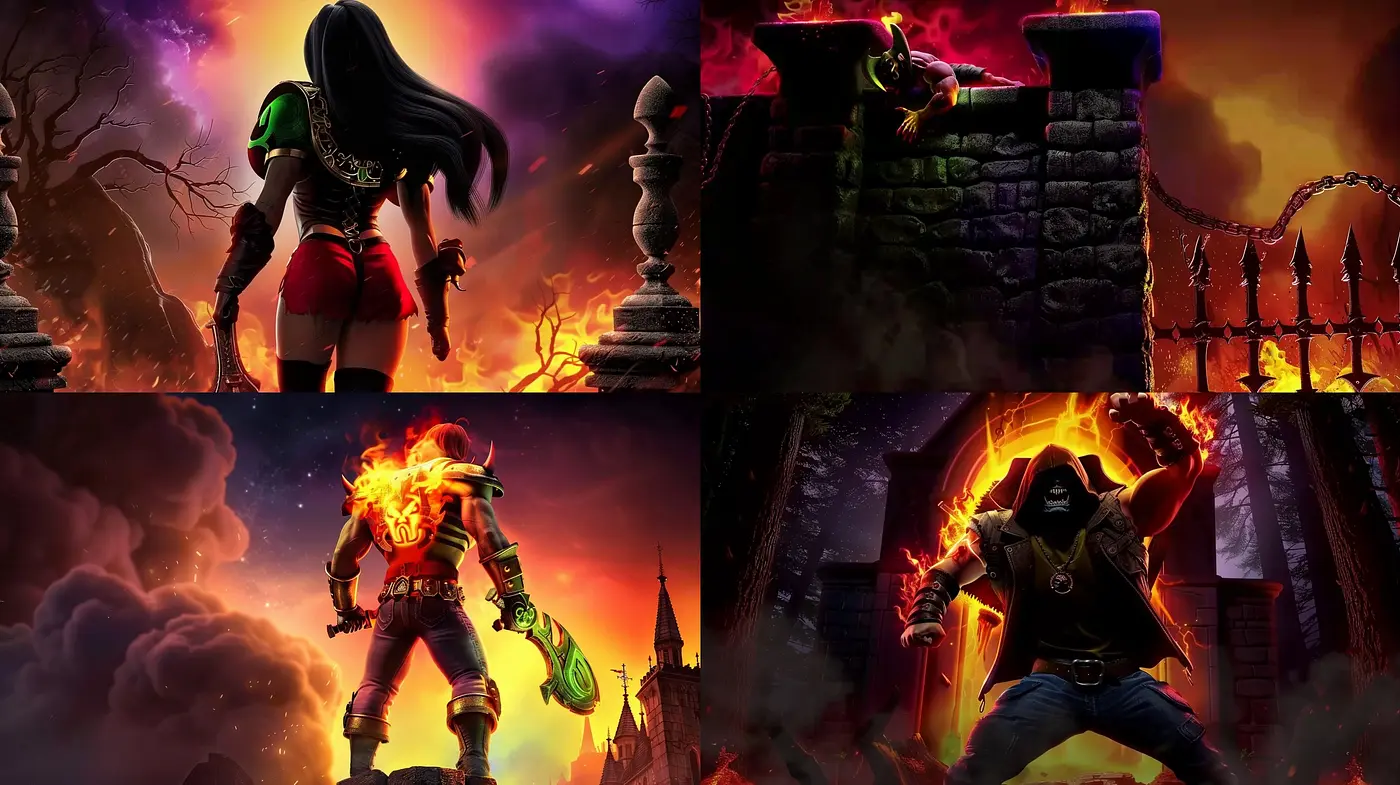Dark Fantasy Flamboyance: A Vivid Interplay of Gothic Hues and Dynamic Fire Accents - Midjourney sref style