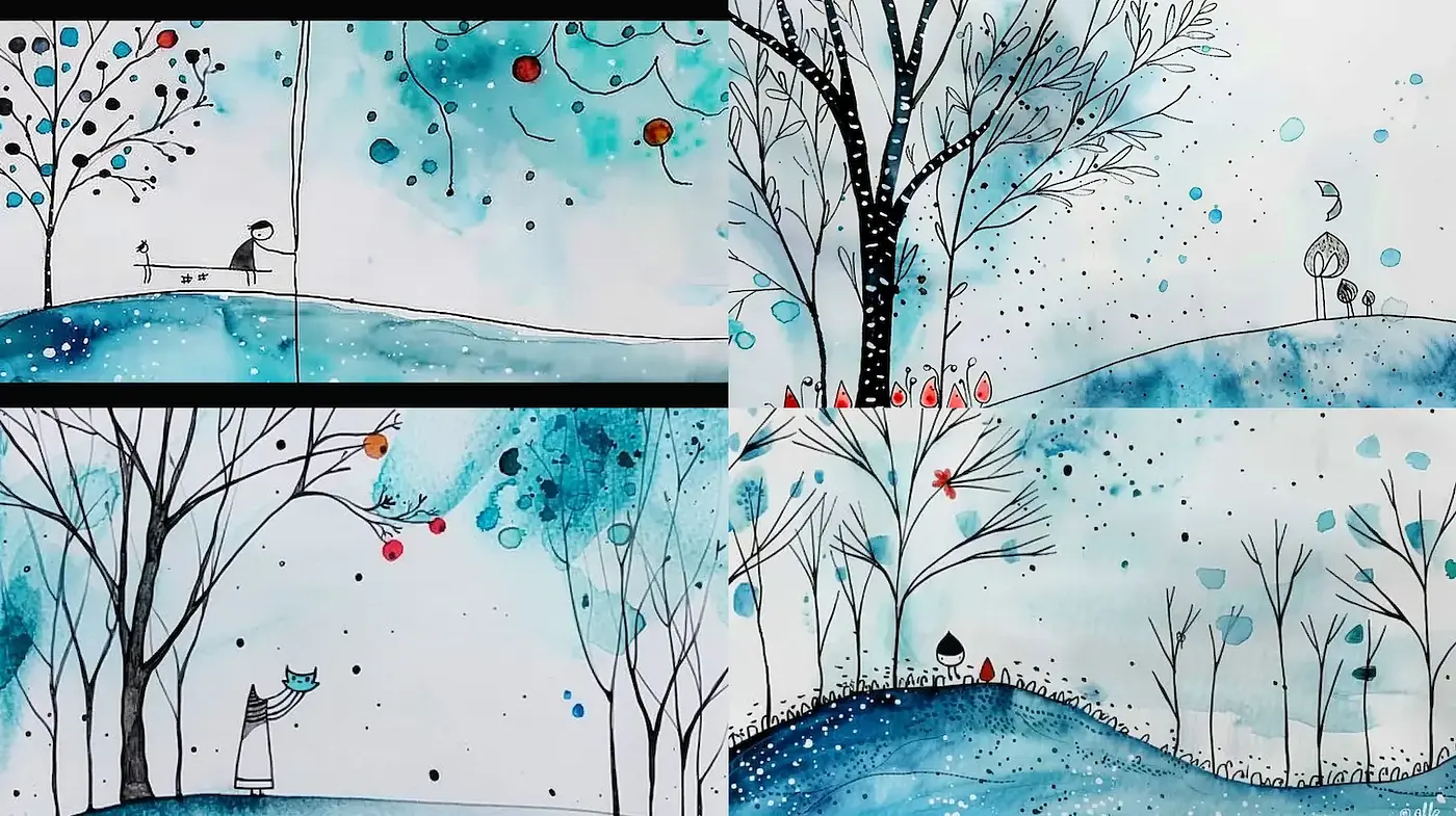 Whimsical Watercolor Landscapes with a Touch of Minimalism - Midjourney sref style