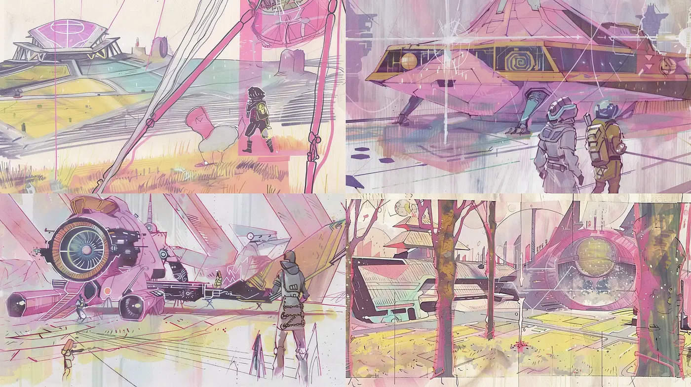 Futuristic Pastel Dreamscapes with Retro Sci-fi Elements - Midjourney sref style