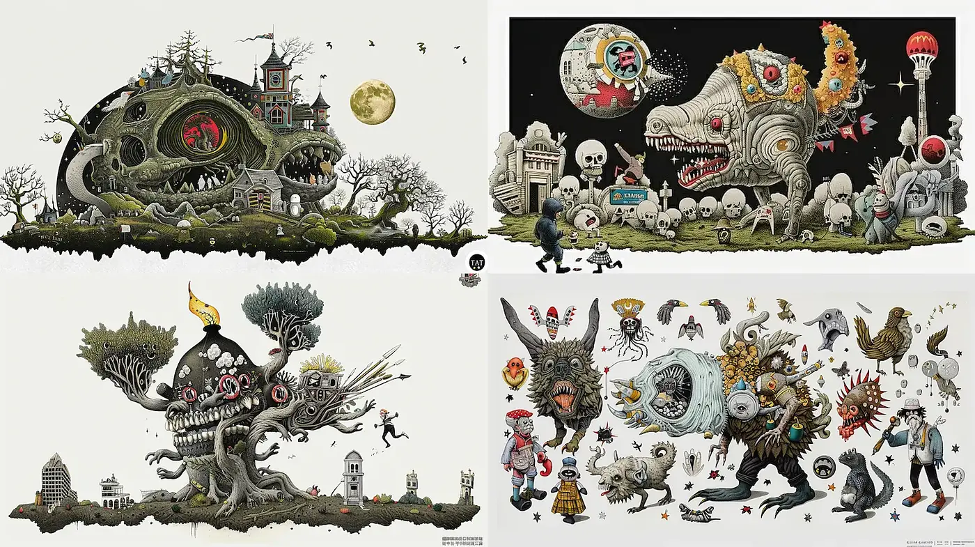 Whimsical yet eerie illustrative style with surreal elements and intricate details - Midjourney sref style
