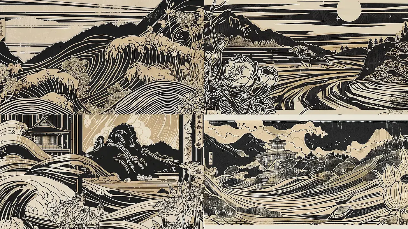 Intricate and Harmonious Elements of Nature in a Vintage Japanese Aesthetic - Midjourney sref style