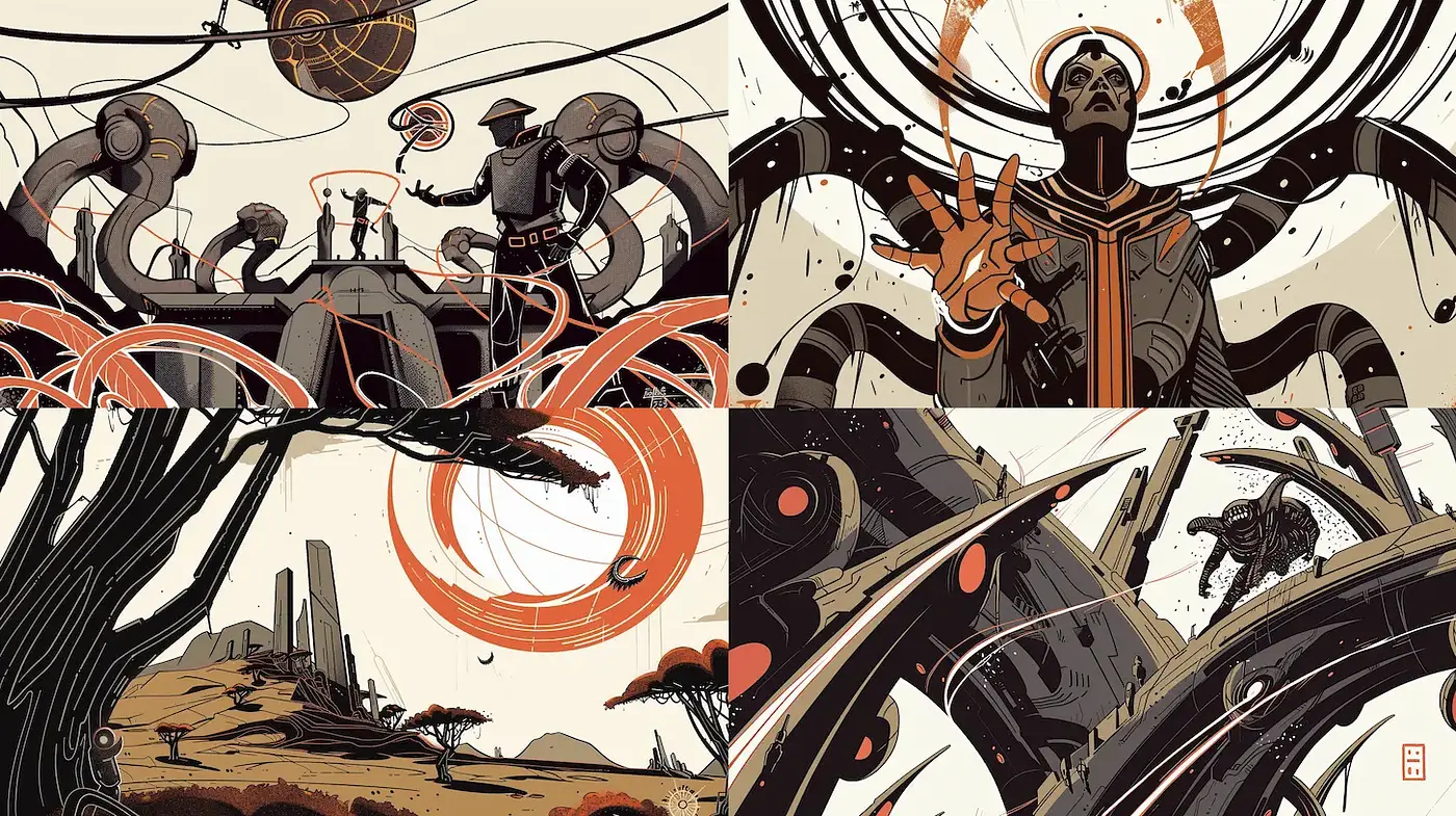 Futuristic, stylized landscapes with bold graphic elements and a cohesive aesthetic - Midjourney sref style