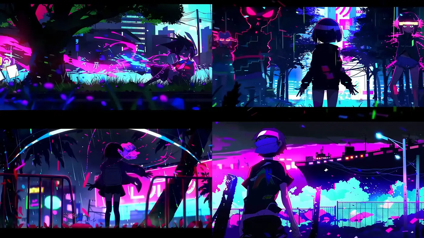 Neon Dystopia: A Fusion of Cyberpunk Aesthetics and Luminous Anime-Style Illustrations - Midjourney sref style