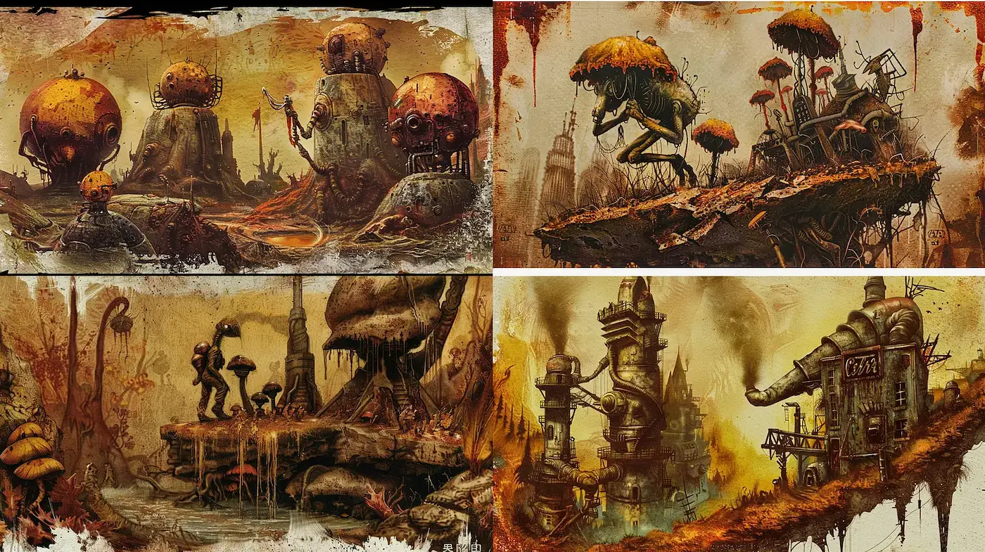 Surreal and whimsical industrial landscapes with a fantastical touch - Midjourney sref style