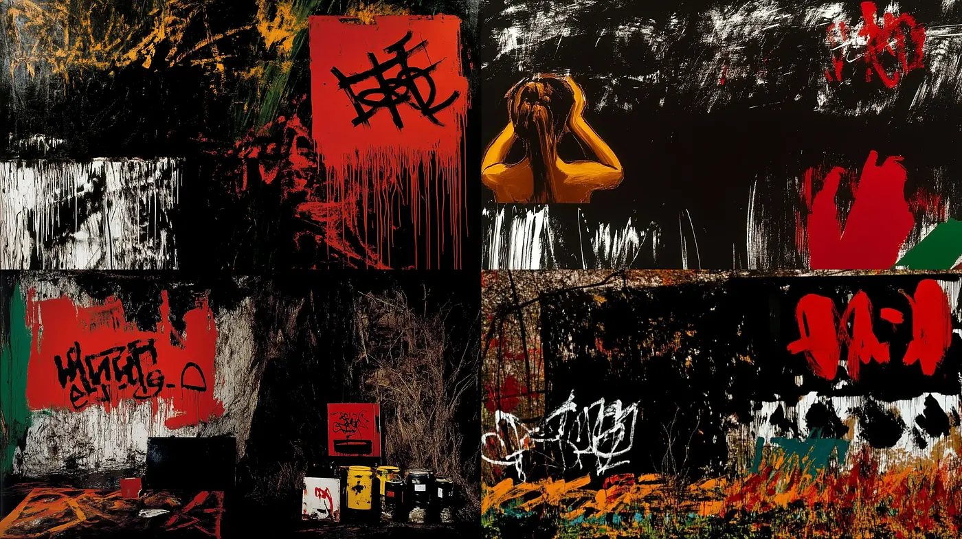 Abstract Expressionist Chaos with Urban Graffiti Overlay - Midjourney sref style