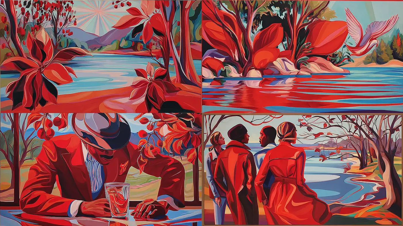 Vibrant Red-Hued Scenes with Stylistic Simplicity and Emotion - Midjourney sref style
