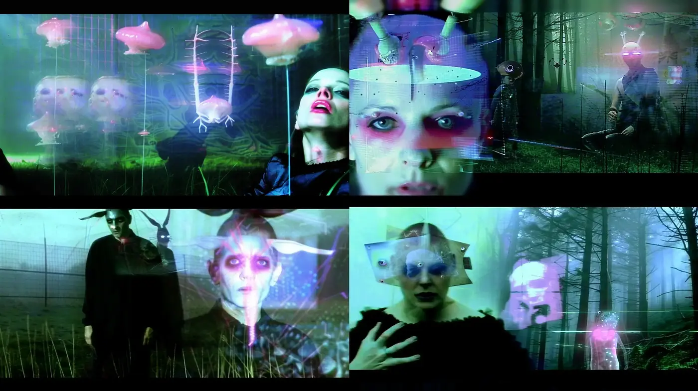 Ethereal Neon Surrealism in a Misty Forest Setting - Midjourney sref style