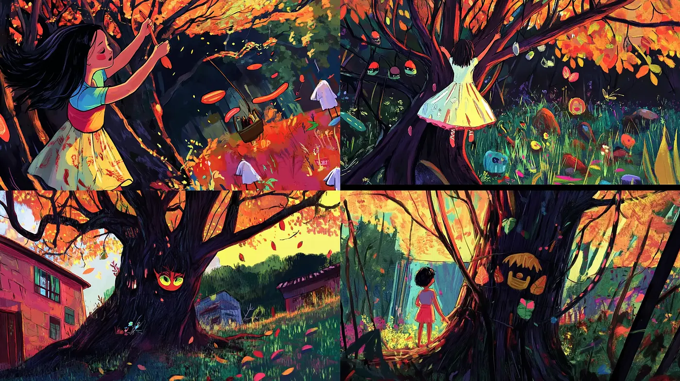 Whimsical Twilight: A Vivid and Enchanted Illustrative Series - Midjourney sref style