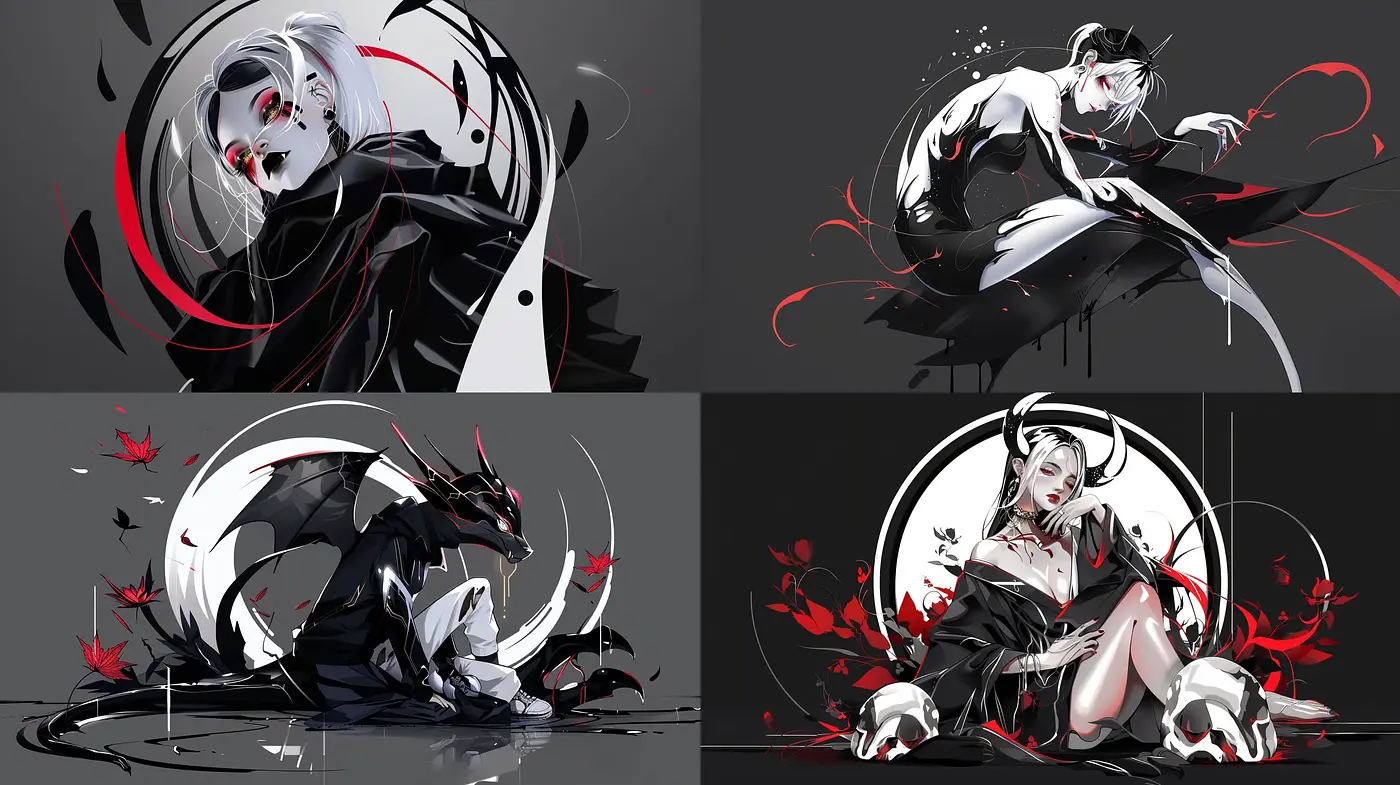 Stylized Monochrome Elegance with Dynamic Red Accents - Midjourney sref style