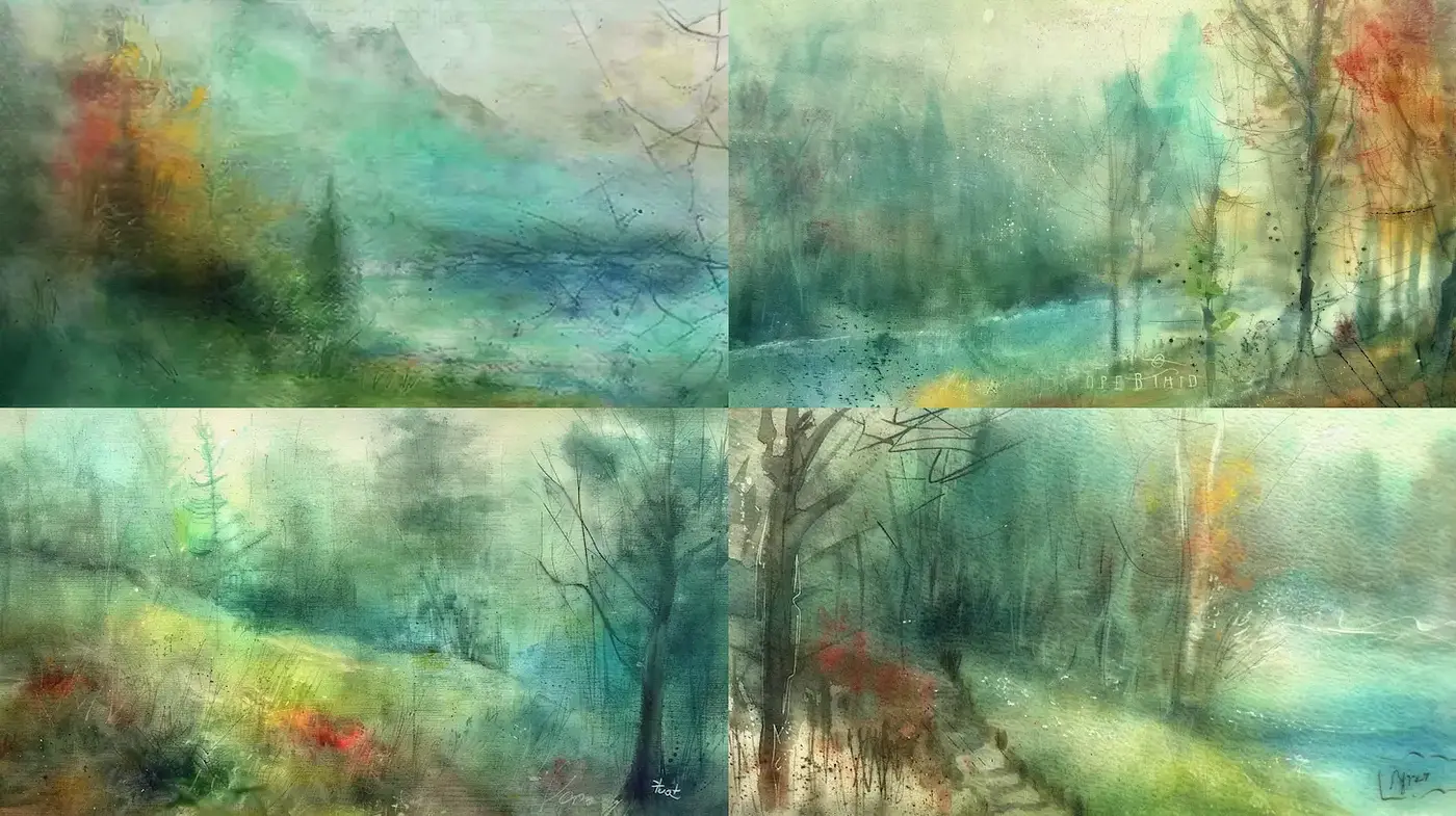 Serene Landscapes in a Misty Watercolor Style - Midjourney sref style