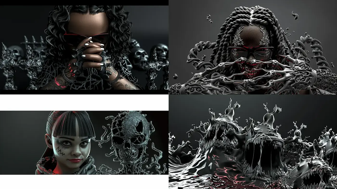 Dark, surreal amalgamation of horror and fantasy elements with a sleek, glossy finish - Midjourney sref style