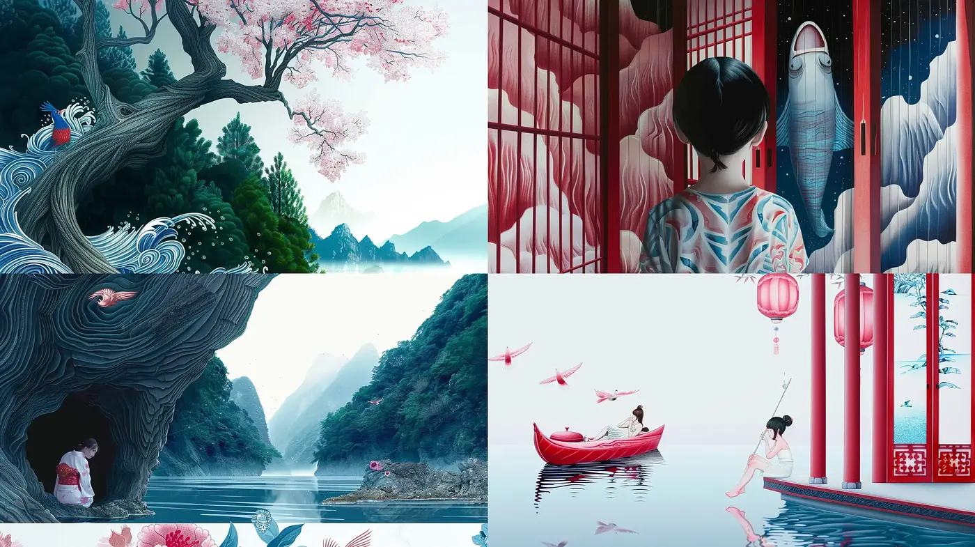 Tranquil Scenes of Serenity with a Mellifluous Blend of Eastern Traditions - Midjourney sref style