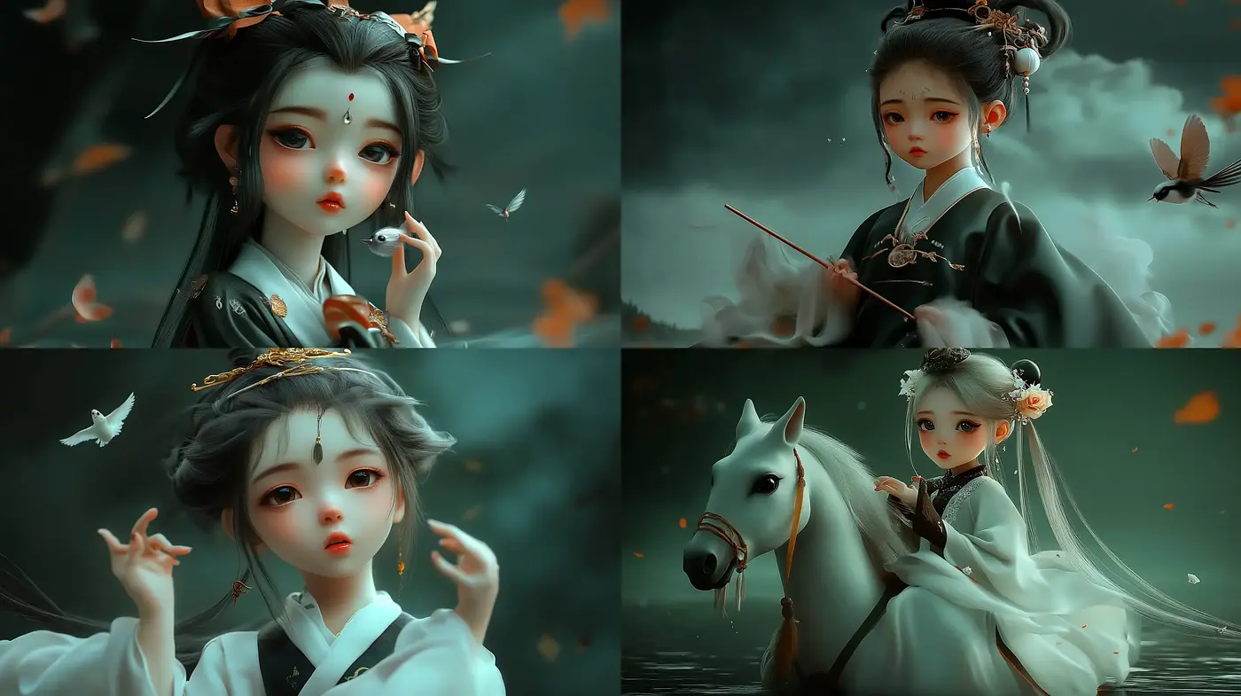 Ethereal Serenity: A Harmonious Blend of Dark Elegance and Mystic Asian Tradition - Midjourney sref style