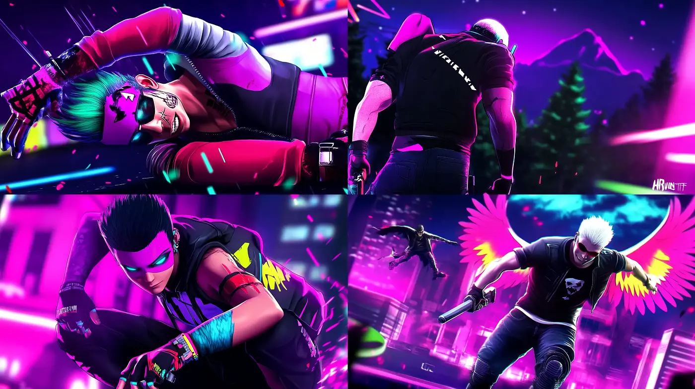 Neon Drenched Cyberpunk Aesthetic with Dynamic Action Poses - Midjourney sref style