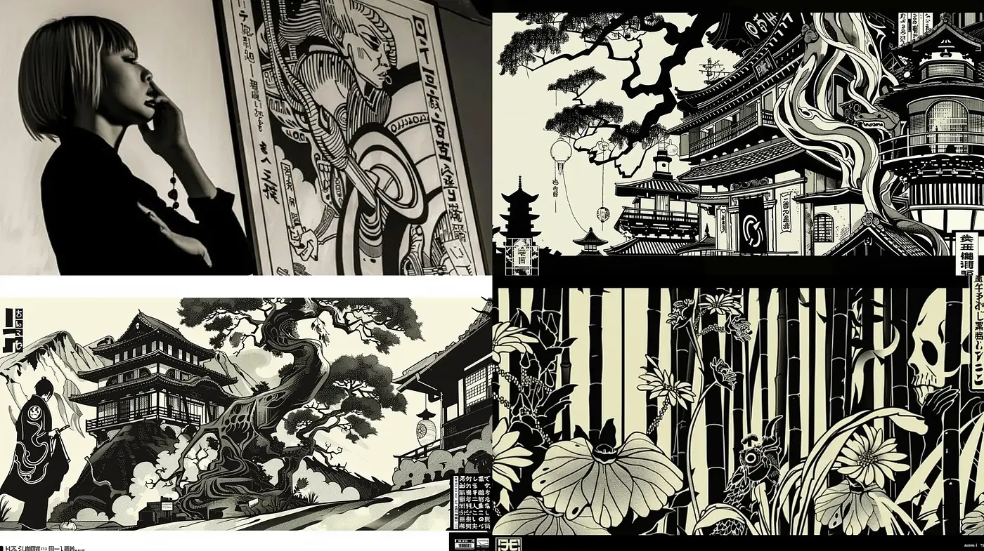 Monochrome Elegance: A Fusion of Hyper-Detail and Traditional Japanese Aesthetics - Midjourney sref style