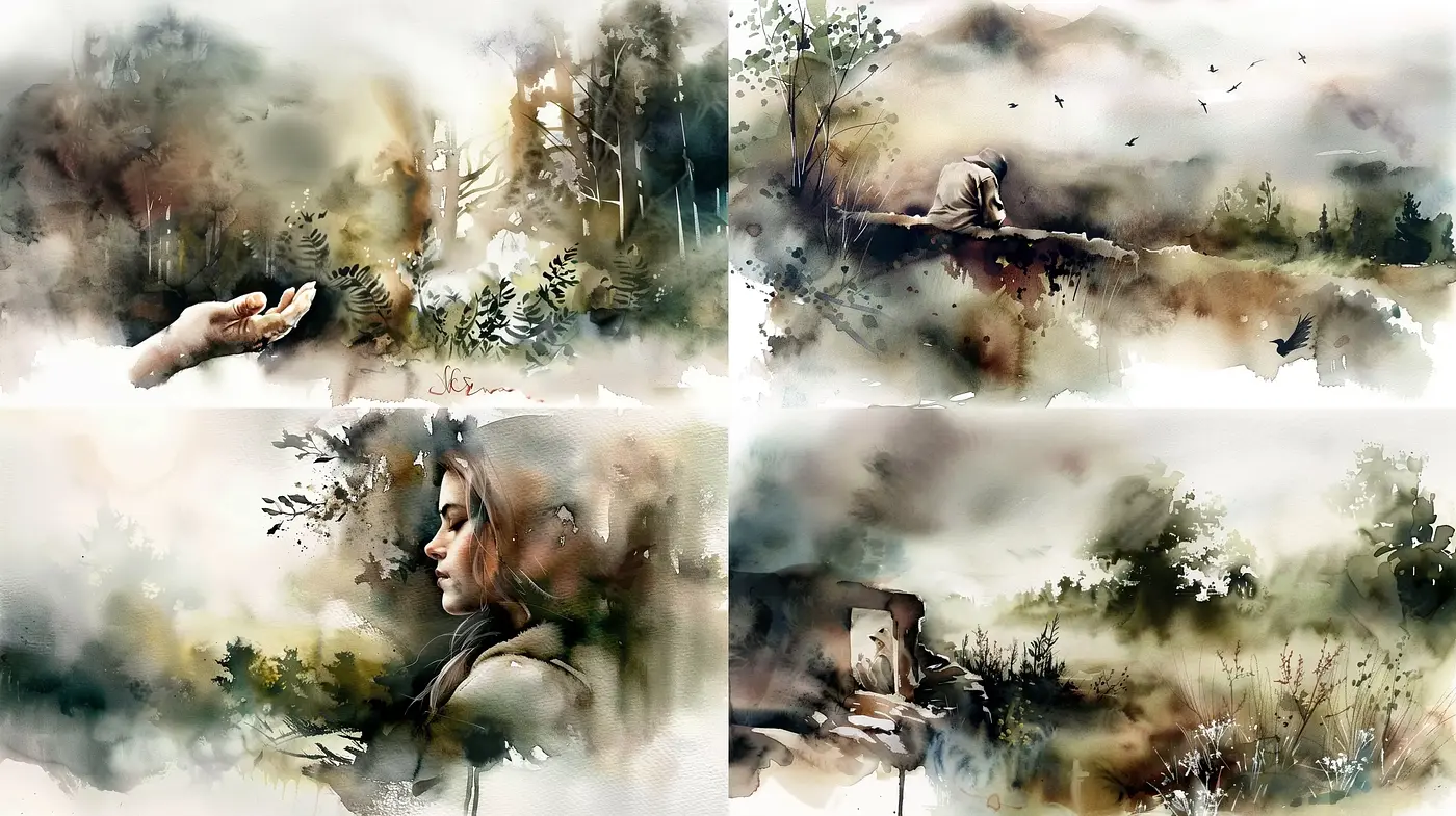 Ethereal Watercolor Dreamscapes with a Tinge of Nostalgia - Midjourney sref style