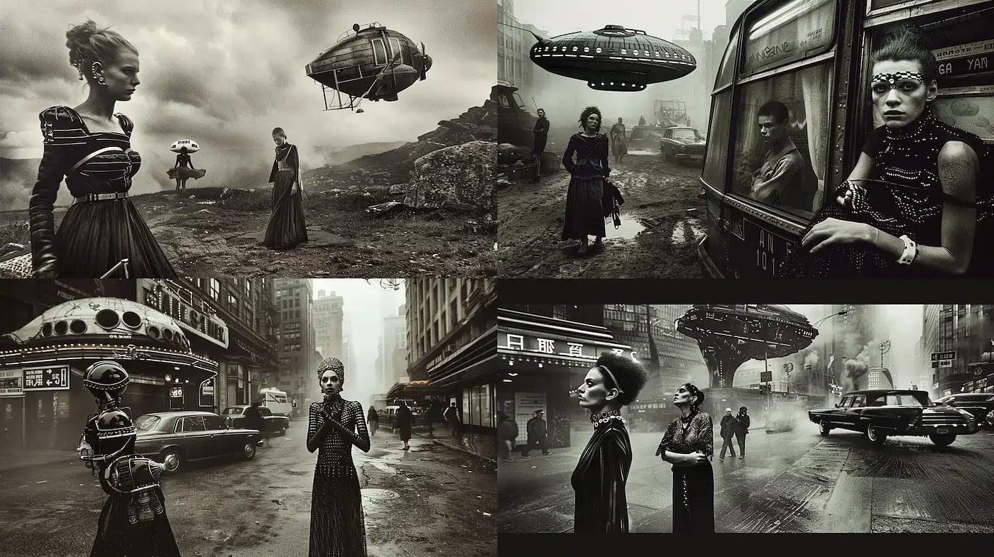 Futuristic Noir with Retro Sci-Fi Elements - Midjourney sref style
