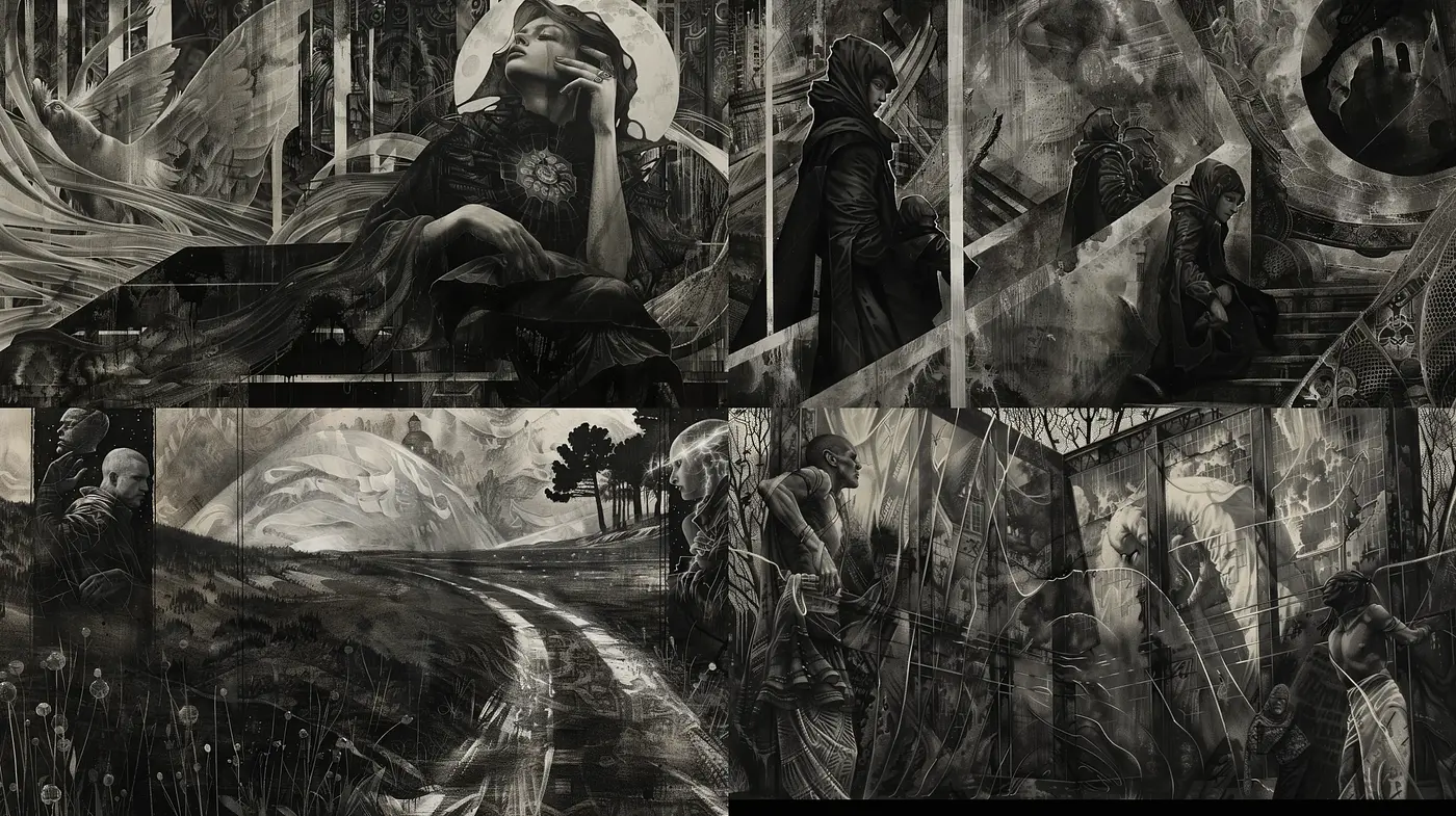 Monochromatic Ethereal Dreamscape Fusion - Midjourney sref style