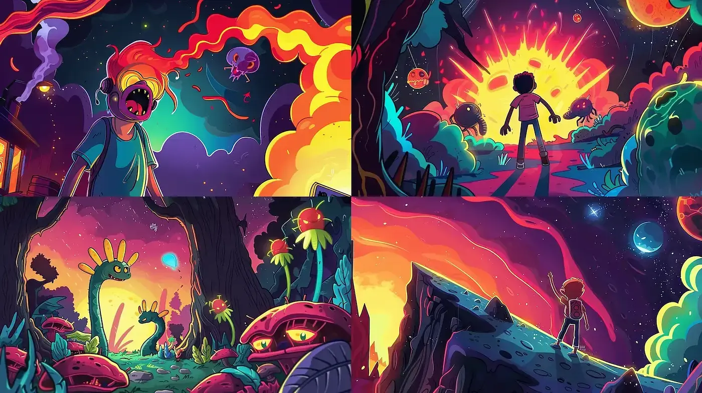 Vibrant, surreal adventure in a whimsical landscape - Midjourney sref style