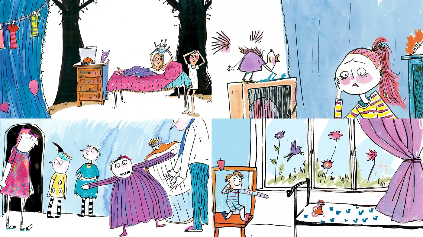 Whimsical Storybook Illustration with Expressive Characters and Cool Tones - Midjourney sref style