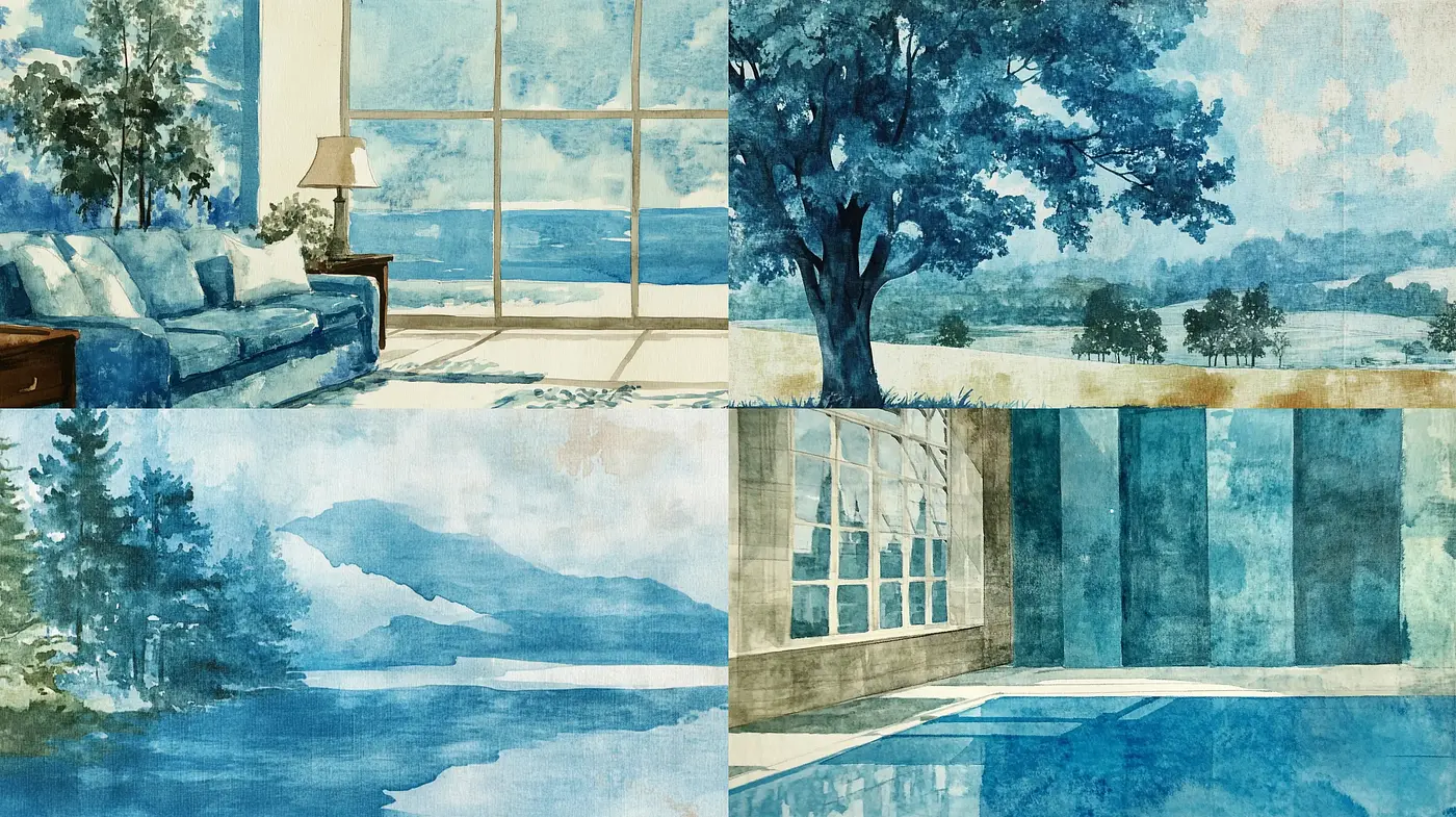 Azure Watercolor Vistas: Depicting Serenity Through Monochromatic Hues - Midjourney sref style