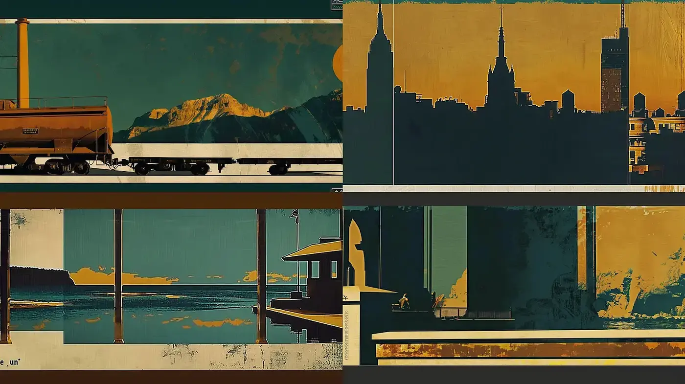 Stylized Urban and Natural Landscapes with a Retro Aesthetic - Midjourney sref style