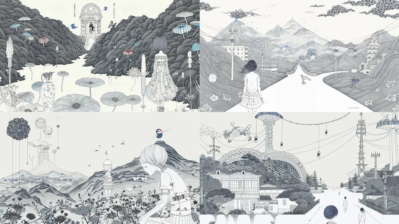 Monochromatic Dreamscapes: A Fusion of Serenity and Surrealism in Stylized Imagery - Midjourney sref style